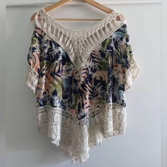 Floral Crocheted Tunic Top blouse Medium Multicolored Boho Coastal - Picture 6 of 7